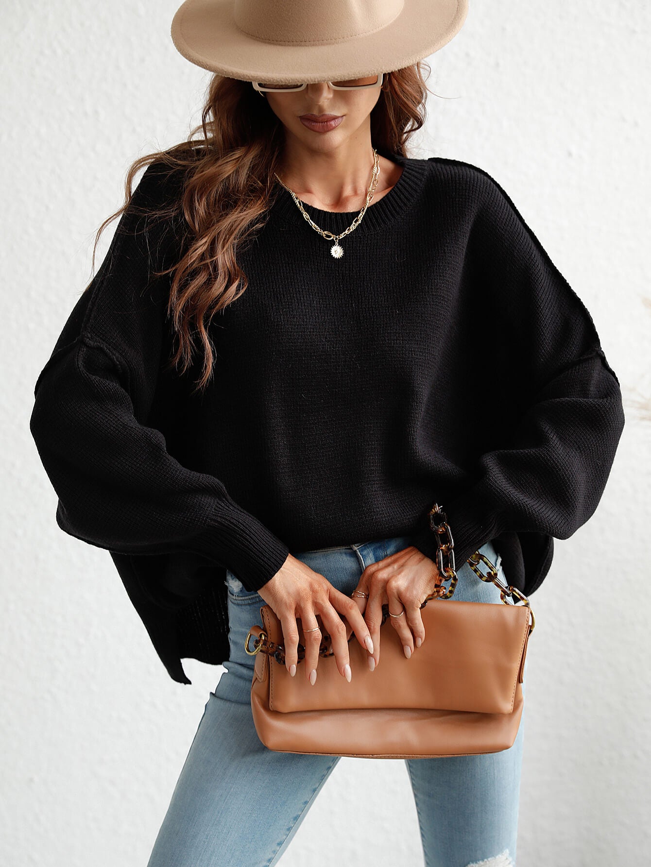 Exposed Seam Dropped Shoulder Slit Sweater Black