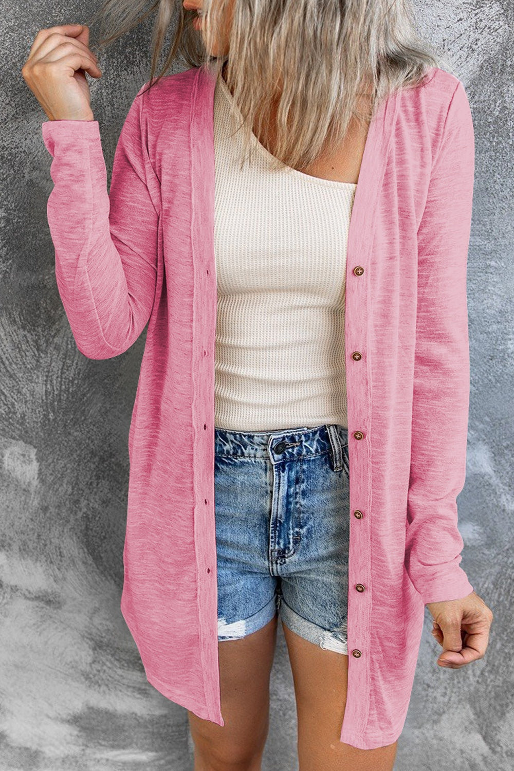 Button Up Long Sleeve Cover Up Pink