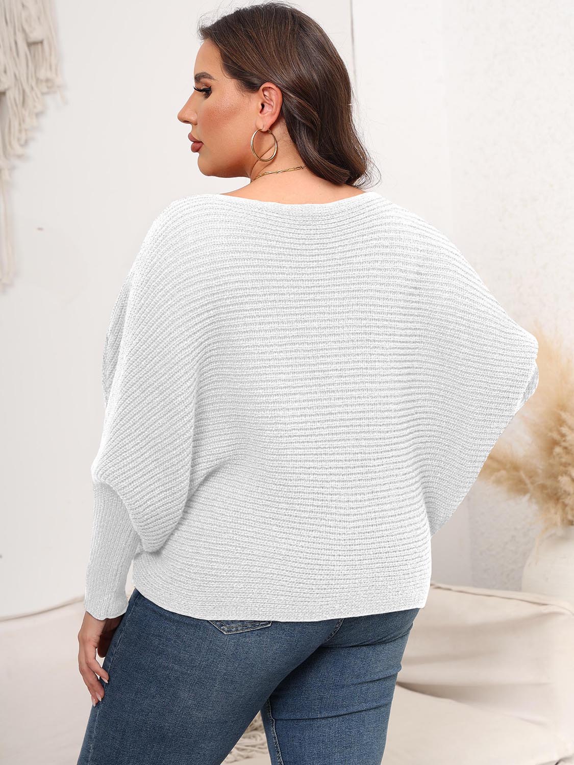 Full Size Boat Neck Batwing Sleeve Sweater