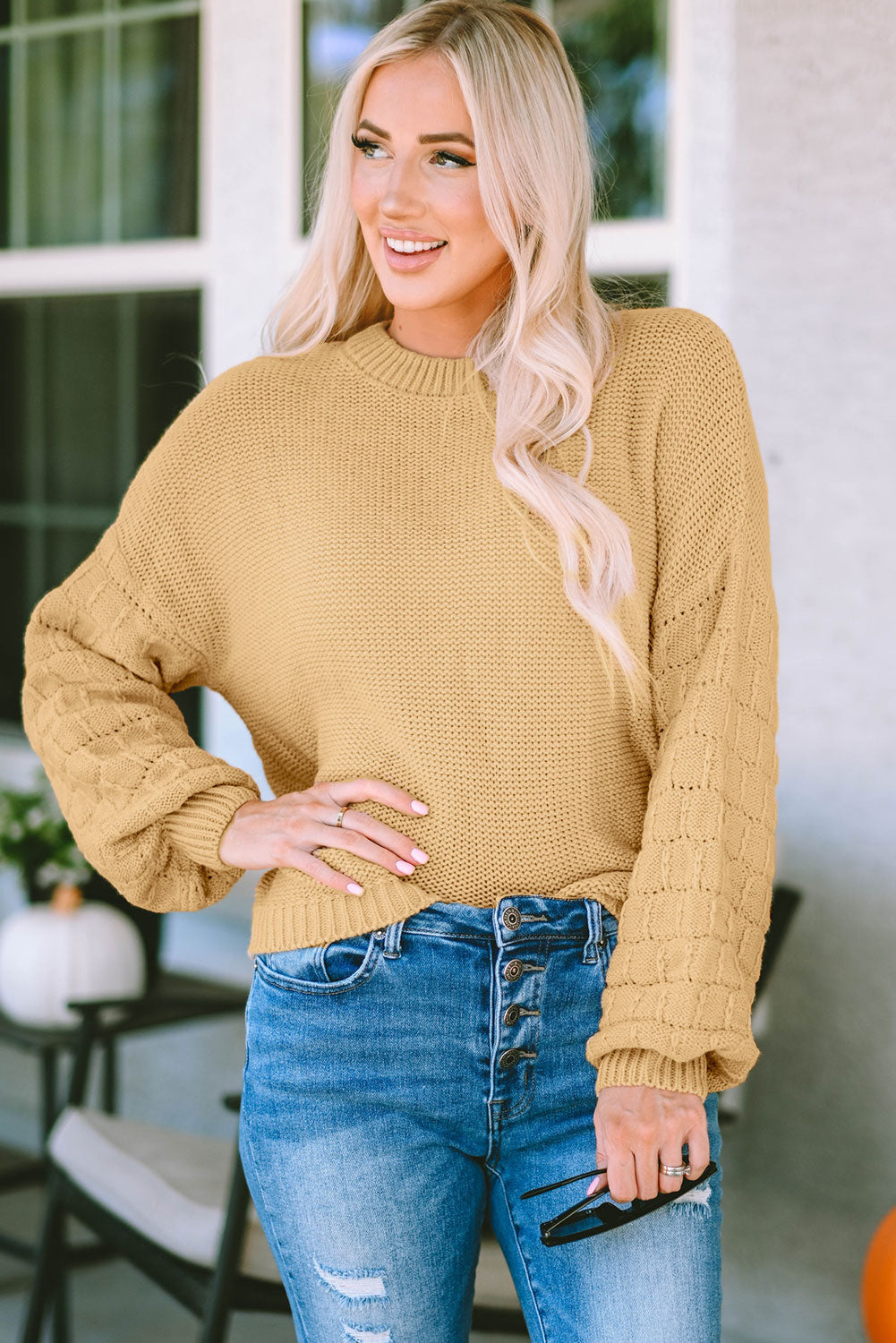 Round Neck Dropped Shoulder Waffle-Knit Sweater Tan