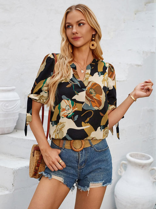 Tied Printed Notched Short Sleeve Blouse Black