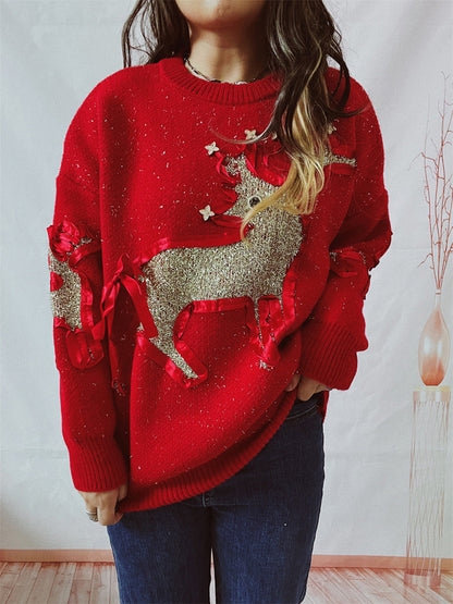 Reindeer Round Neck Long Sleeve Sweater Red