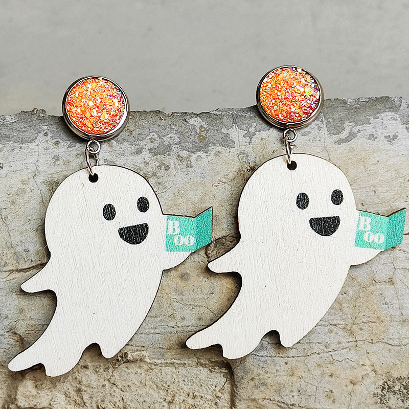 Ghost Shape Wooden Dangle Earrings Style A One Size