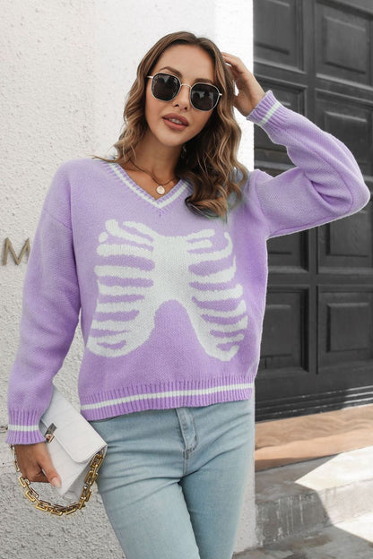 Skeleton Pattern V-Neck Long Sleeve Pullover Sweater Lavender