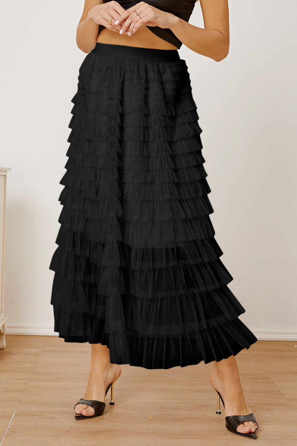 Ruched High Waist Tiered Skirt Black