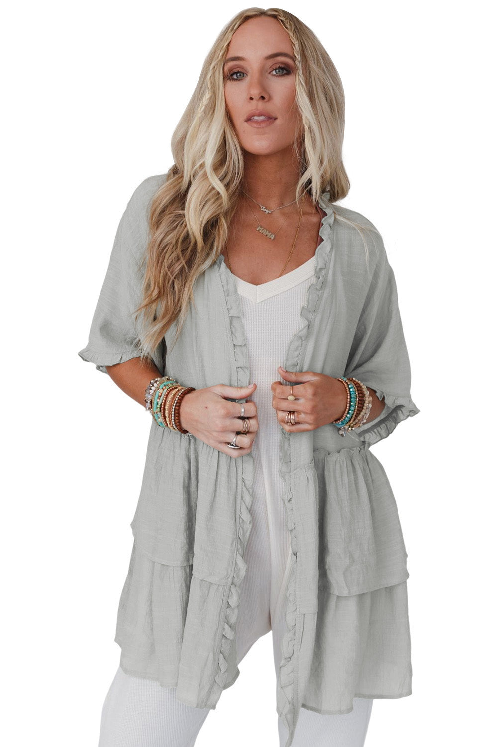 Gray Ruffled Trim Half Sleeve Open Front Kimono