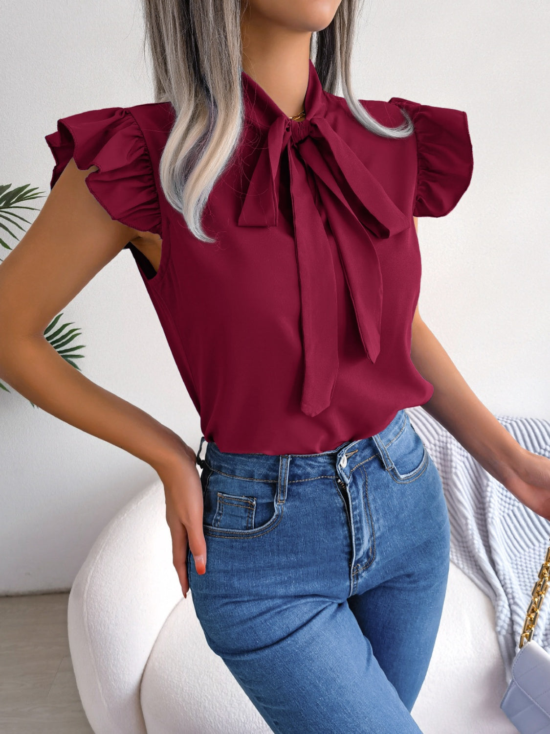 Tie Neck Cap Sleeve Blouse - Thandynie