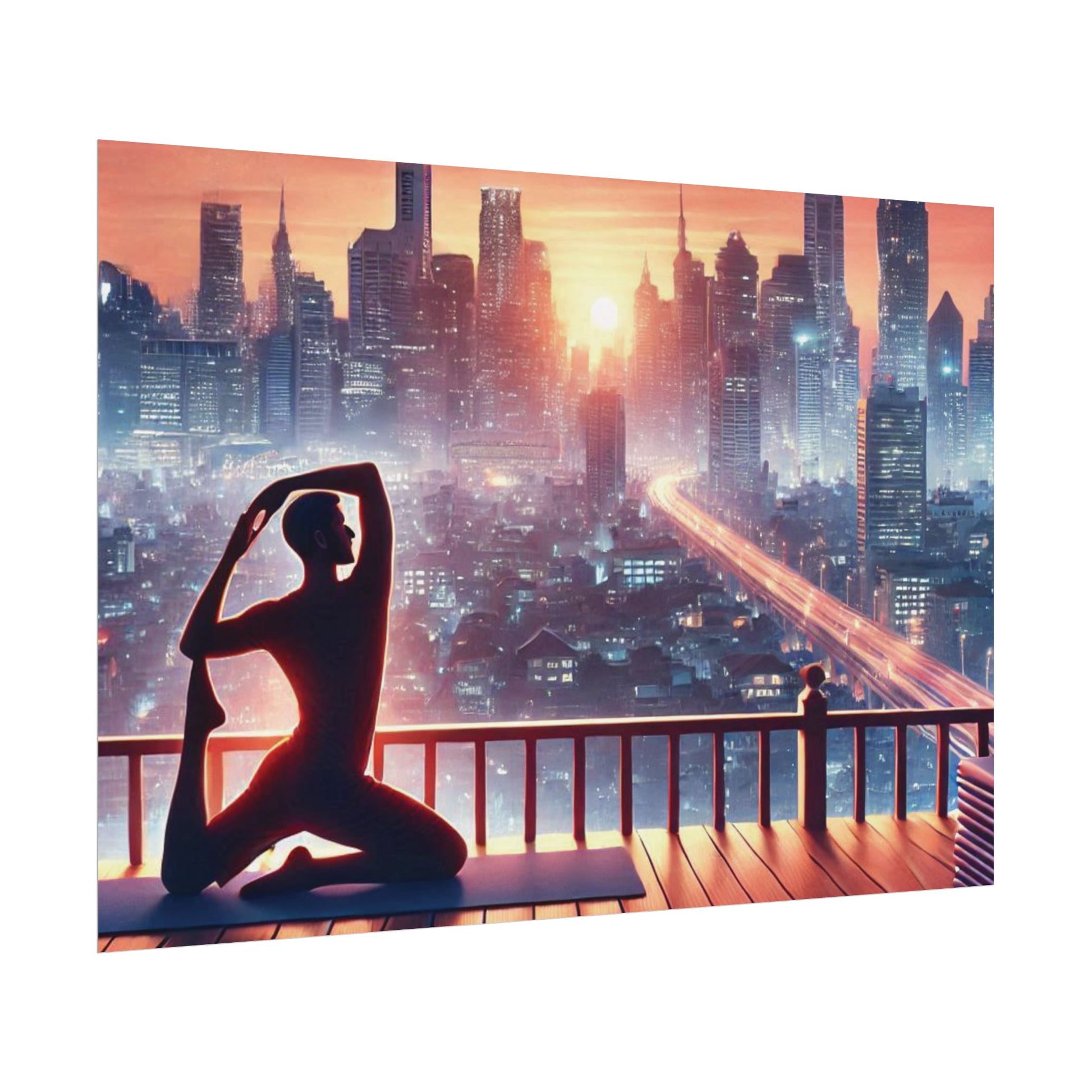 Yoga Poster, Cityscape Sunset Art, Rolled Wall Art, Pink Orange Skyline Decor, Urban Zen Meditation, Rooftop Exercise Print, Relaxation Gift