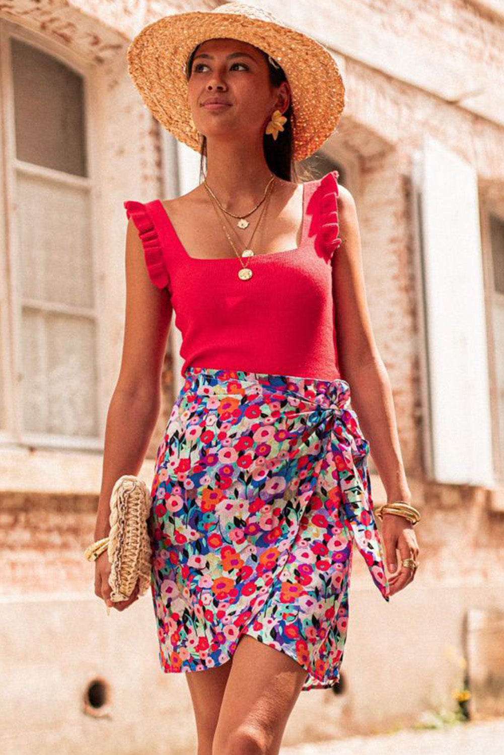 Red Floral Wrapped Lace up Mini Skirt