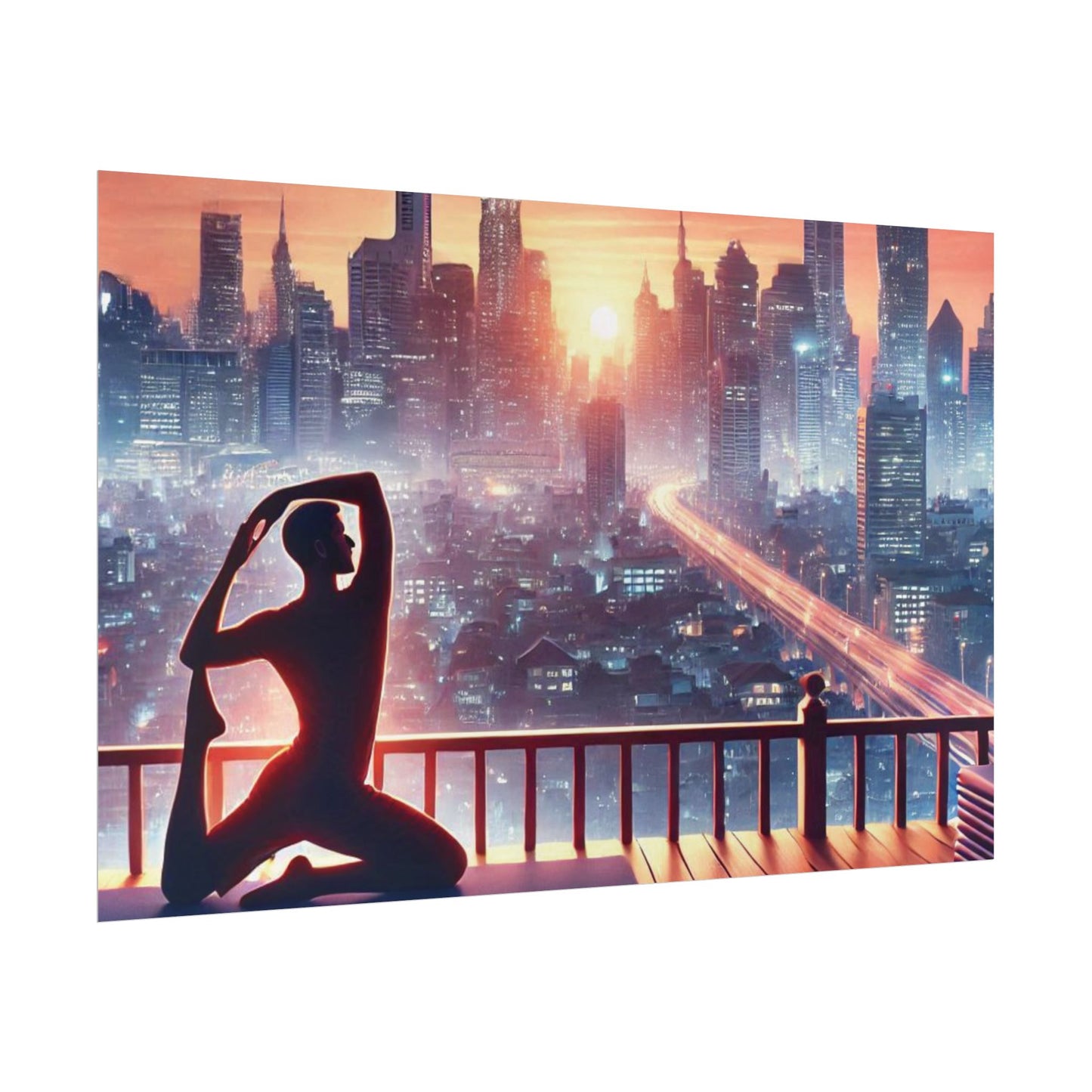 Yoga Poster, Cityscape Sunset Art, Rolled Wall Art, Pink Orange Skyline Decor, Urban Zen Meditation, Rooftop Exercise Print, Relaxation Gift