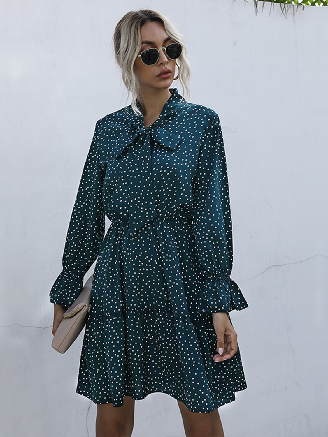 Perfee Polka Dot Tie Neck Long Sleeve Dress