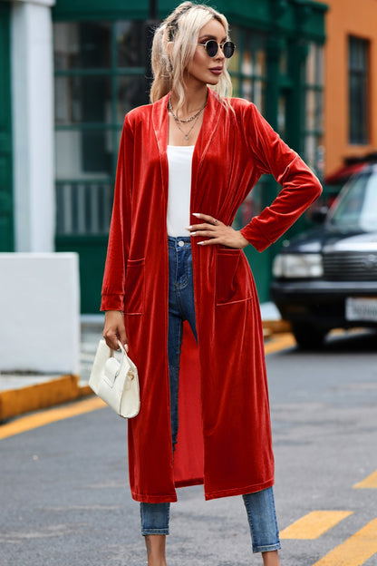 Velvet Open Front Long Cardigan with Pockets Deep Red