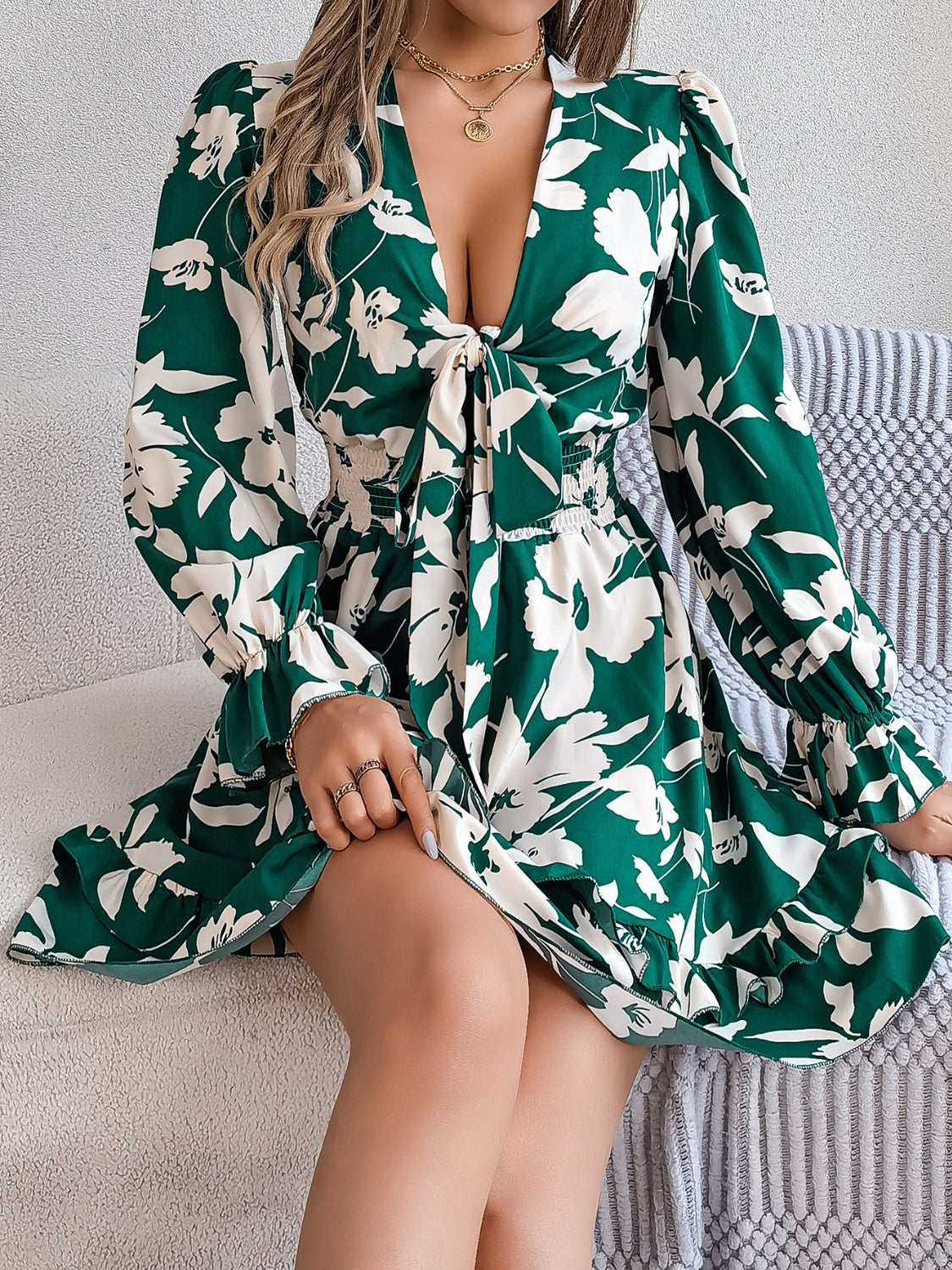 Tied Ruffled Printed Long Sleeve Dress - Thandynie