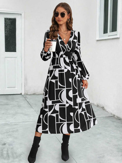 Surplice Neck Long Sleeve Midi Dress Black