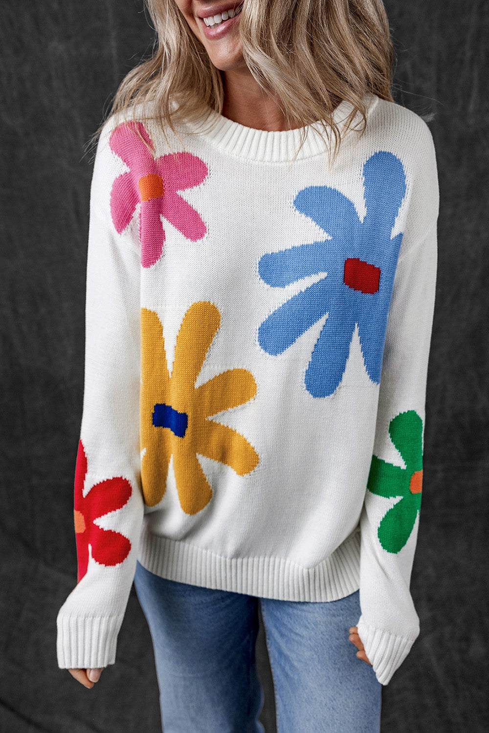 Flower Round Neck Dropped Shoulder Sweater White