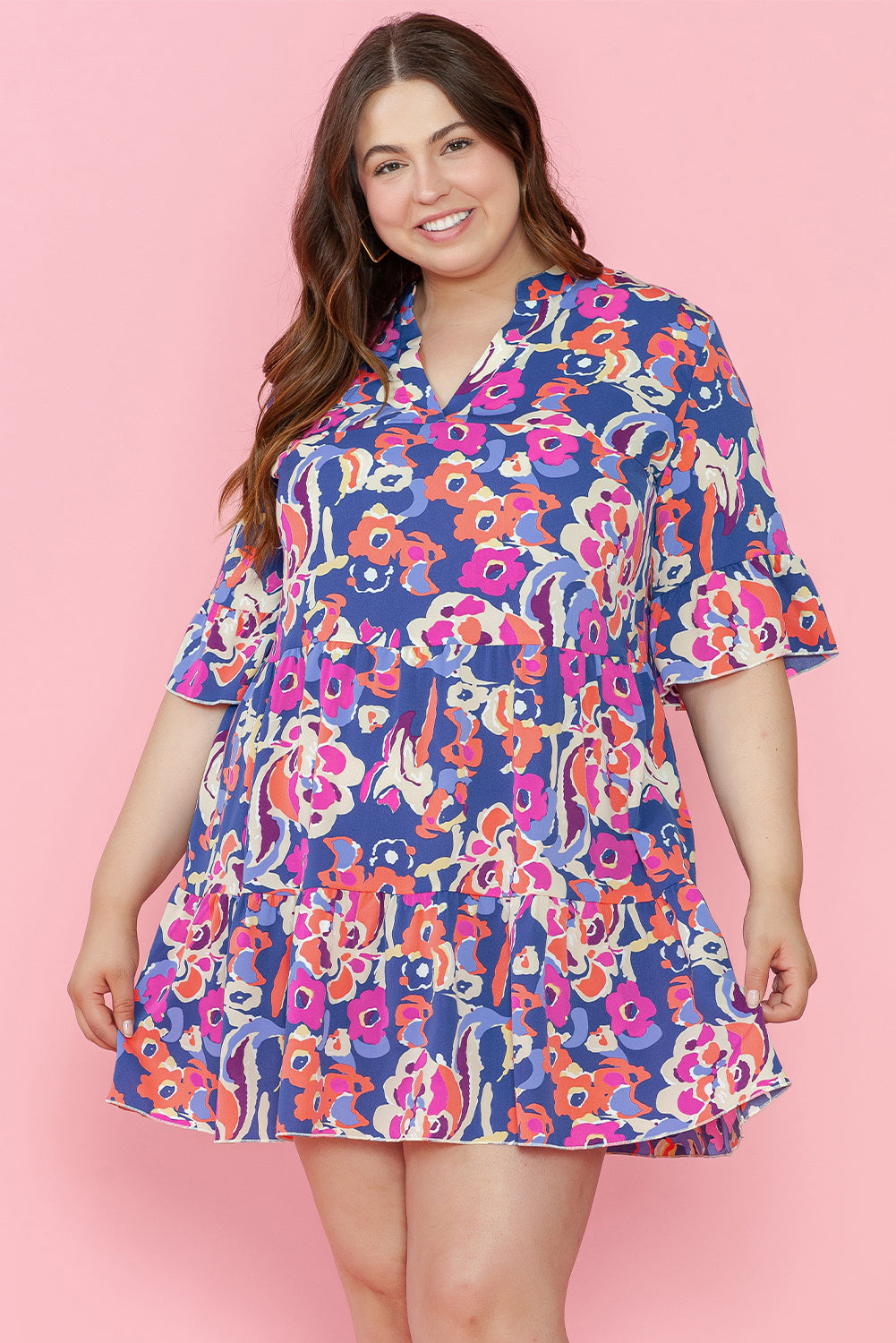 Blue Plus Size Floral Print Ruffled 3/4 Sleeve Mini Dress Blue 100%Polyester