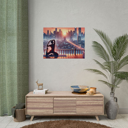 Yoga Poster, Cityscape Sunset Art, Rolled Wall Art, Pink Orange Skyline Decor, Urban Zen Meditation, Rooftop Exercise Print, Relaxation Gift