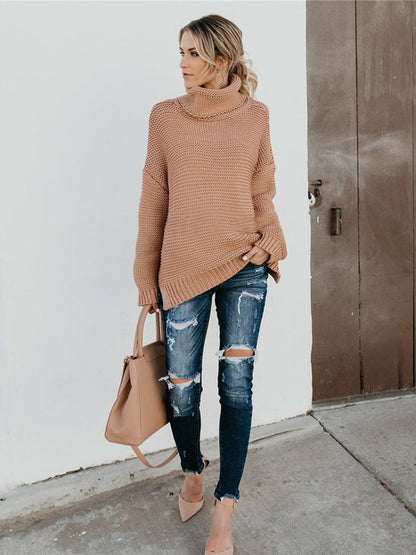 Turtleneck Dropped Shoulder Slit Sweater Khaki