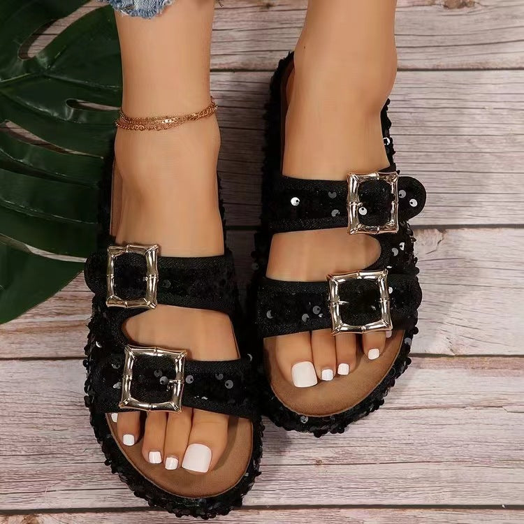 Sequin Trim Open Toe Sandals - Thandynie