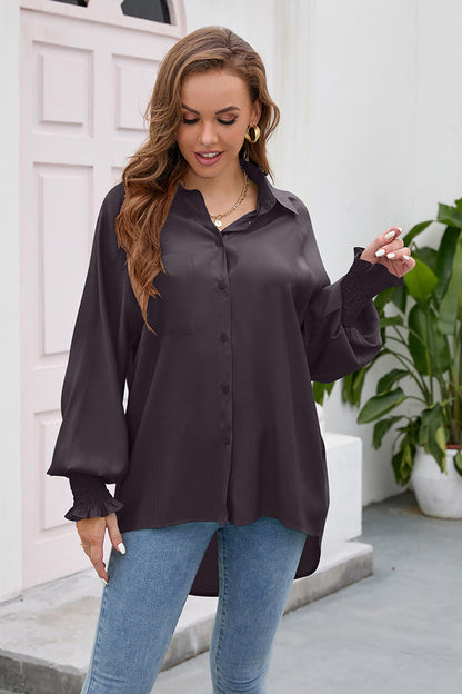 High-Low Collared Neck Lantern Sleeve Shirt Coffee Brown