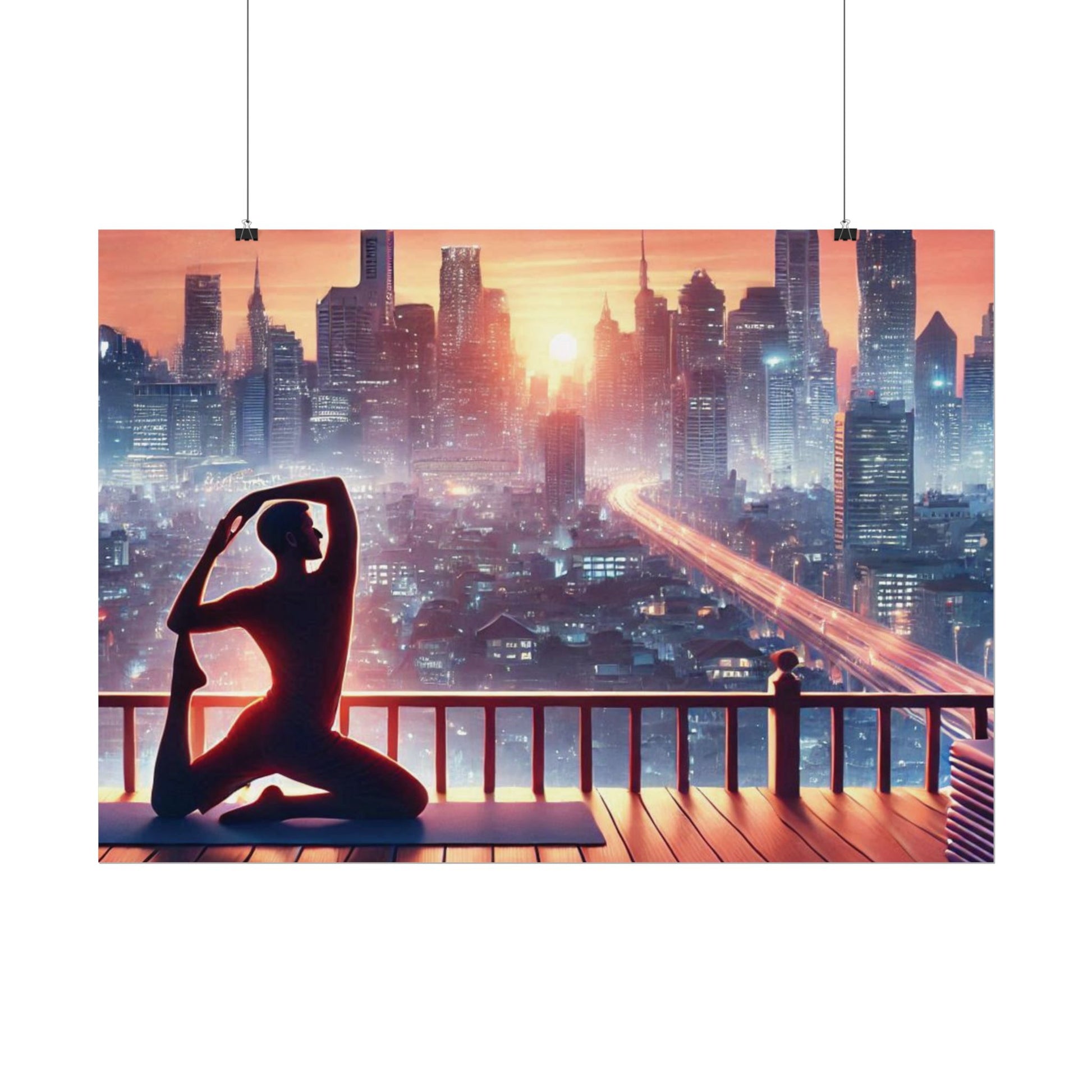 Yoga Poster, Cityscape Sunset Art, Rolled Wall Art, Pink Orange Skyline Decor, Urban Zen Meditation, Rooftop Exercise Print, Relaxation Gift