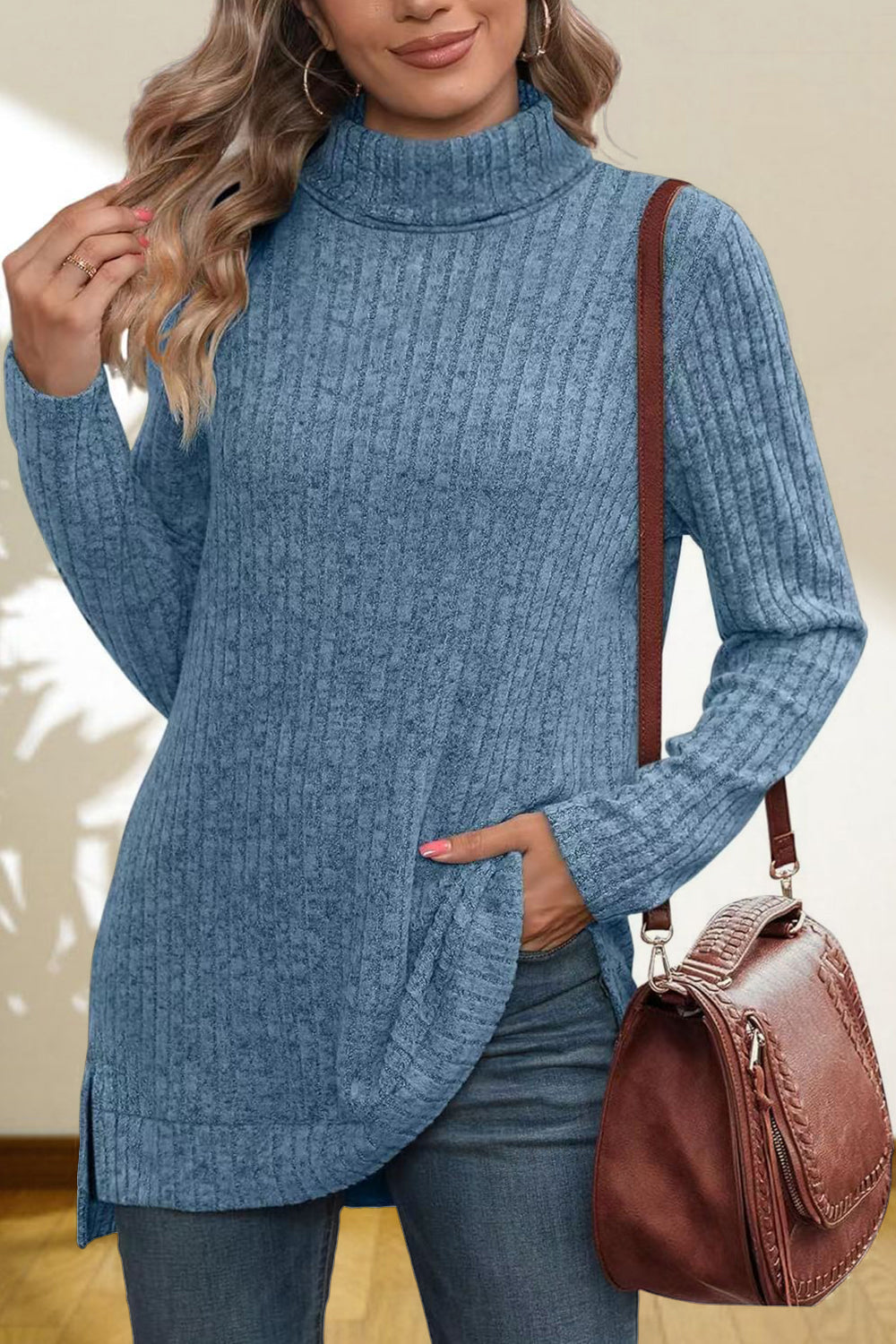 Turtleneck High Low Top Sky Blue