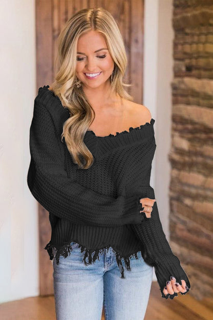 Frayed Hem Dropped Shoulder Sweater Black