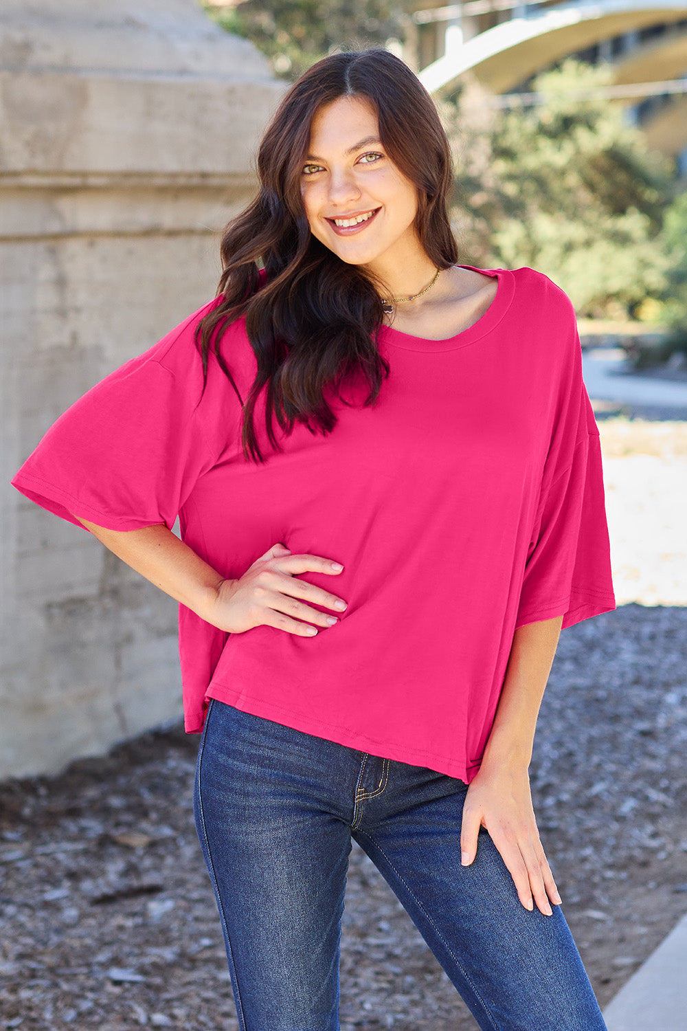 Basic Bae Full Size Round Neck Drop Shoulder T-Shirt Hot Pink