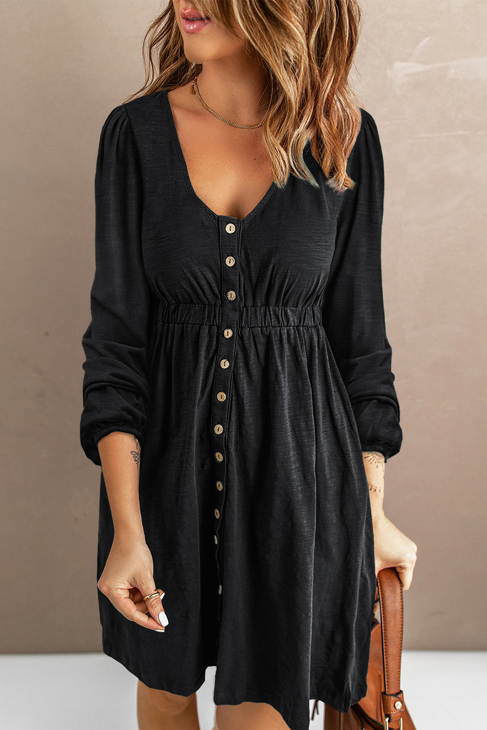 Black Button Up High Waist Long Sleeve Dress Black 95%Polyester+5%Elastane