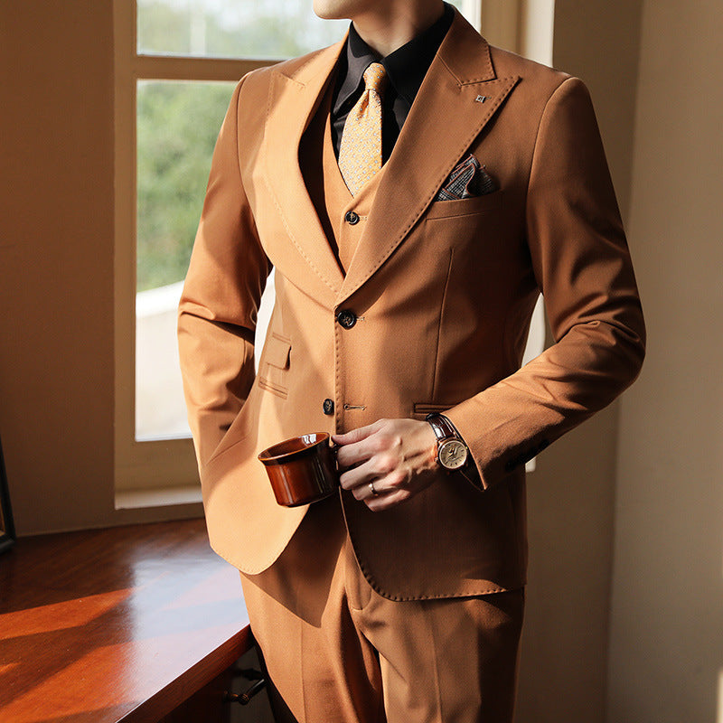 High-end Wedding Bridegroom Suit Suit Closure Collar Suit Three-piece Suit Men Caramel Caramel Color