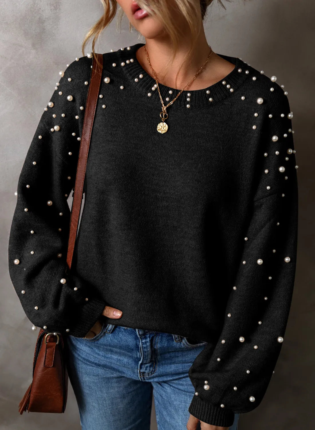 Pearl Detail Round Neck Long Sleeve Sweater | Chic & Cozy Black