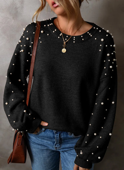 Pearl Detail Round Neck Long Sleeve Sweater | Chic & Cozy Black