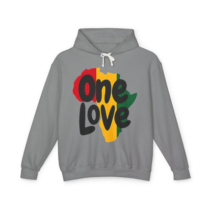 One Love Rasta Lightweight Hooded Sweatshirt - Red Yellow Green Black Color Scheme, Reggae Culture, Positive Vibes, Unity and Peace, Grey