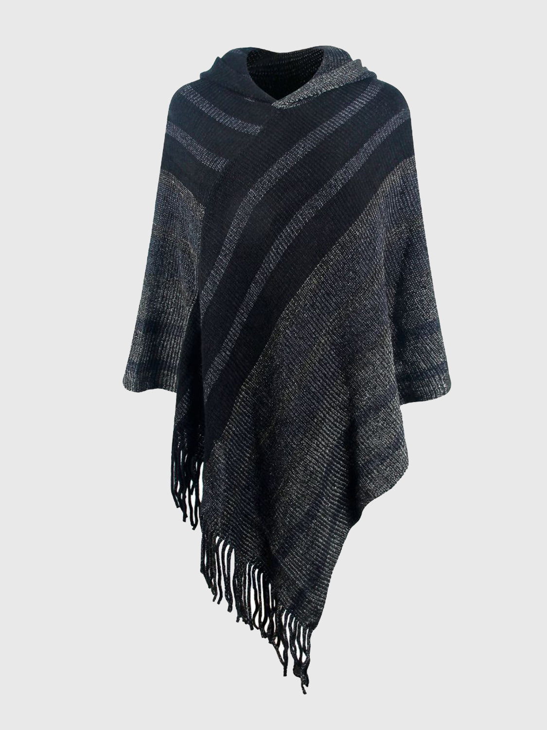 Striped Fringe Hem Hooded Poncho Black One Size