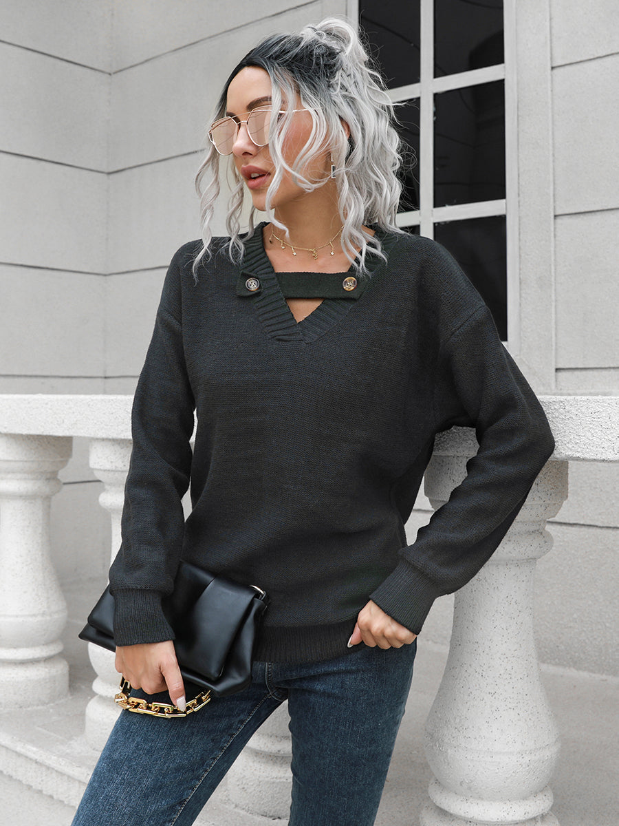 Dropped Shoulder Button Detail Sweater Black