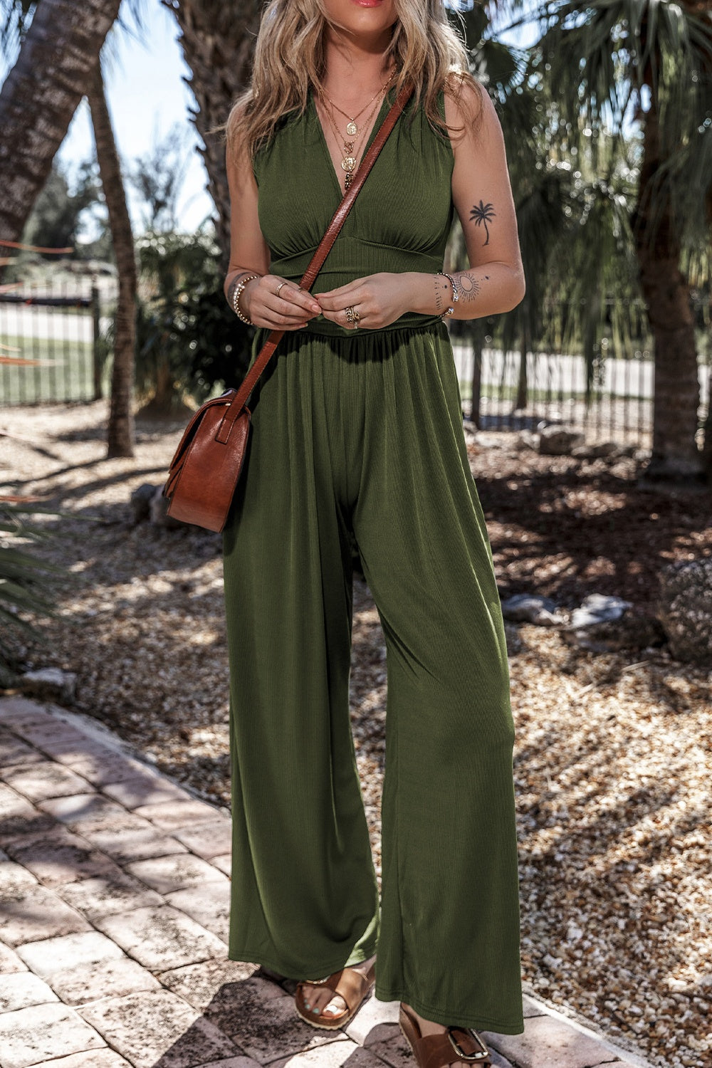 V-Neck Sleeveless Wide Leg Jumpsuit - Thandynie