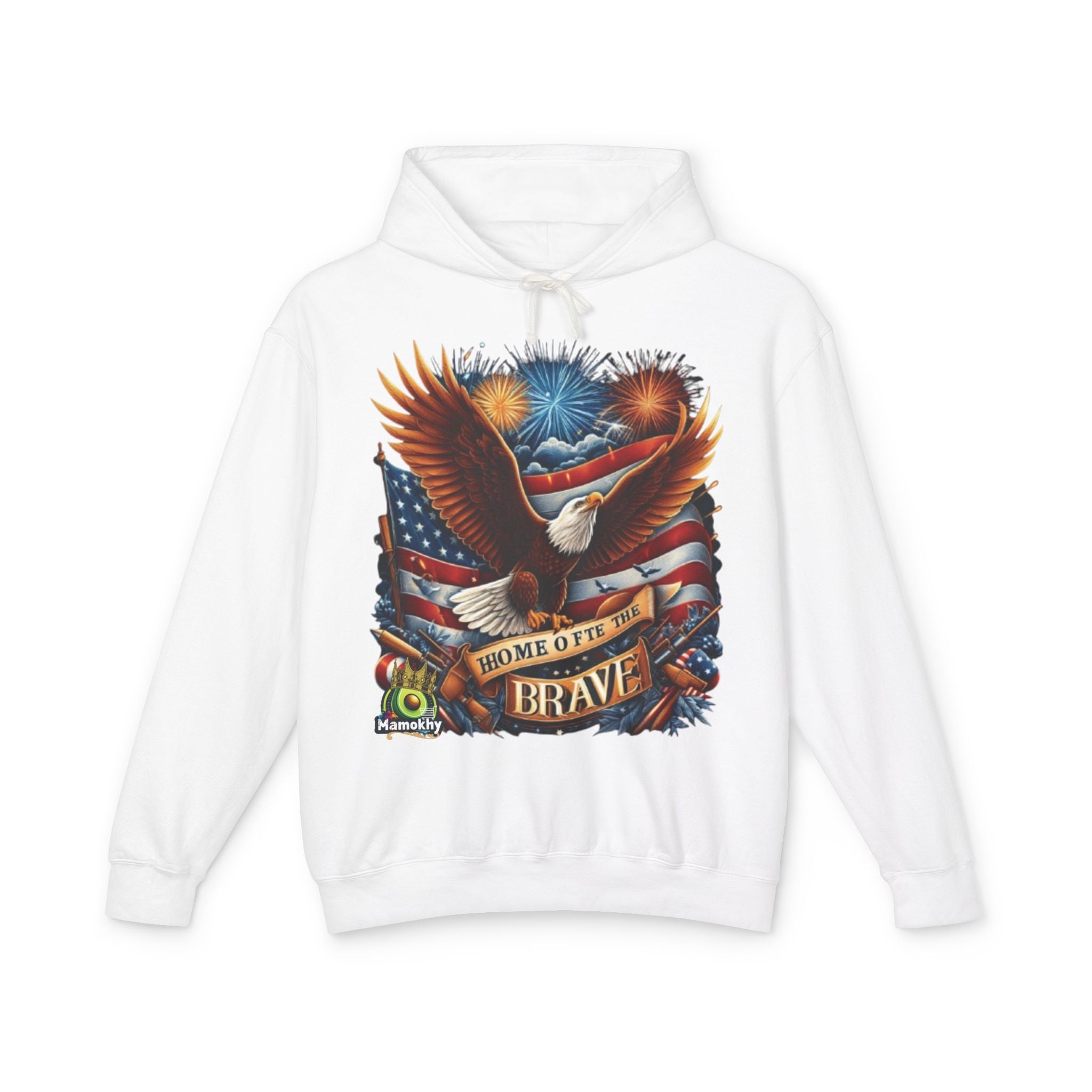 Hooded Sweatshirt - 'Home of the Brave' Bald Eagle Fireworks Illustration White