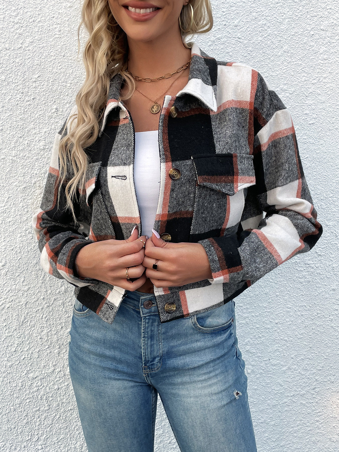 Plaid Button Up Drop Shoulder Cropped Jacket - Thandynie