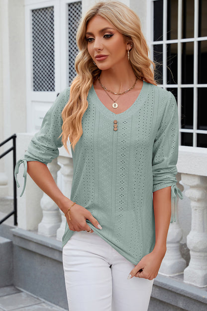 Eyelet Drawstring V-Neck Half Sleeve T-Shirt Light Green