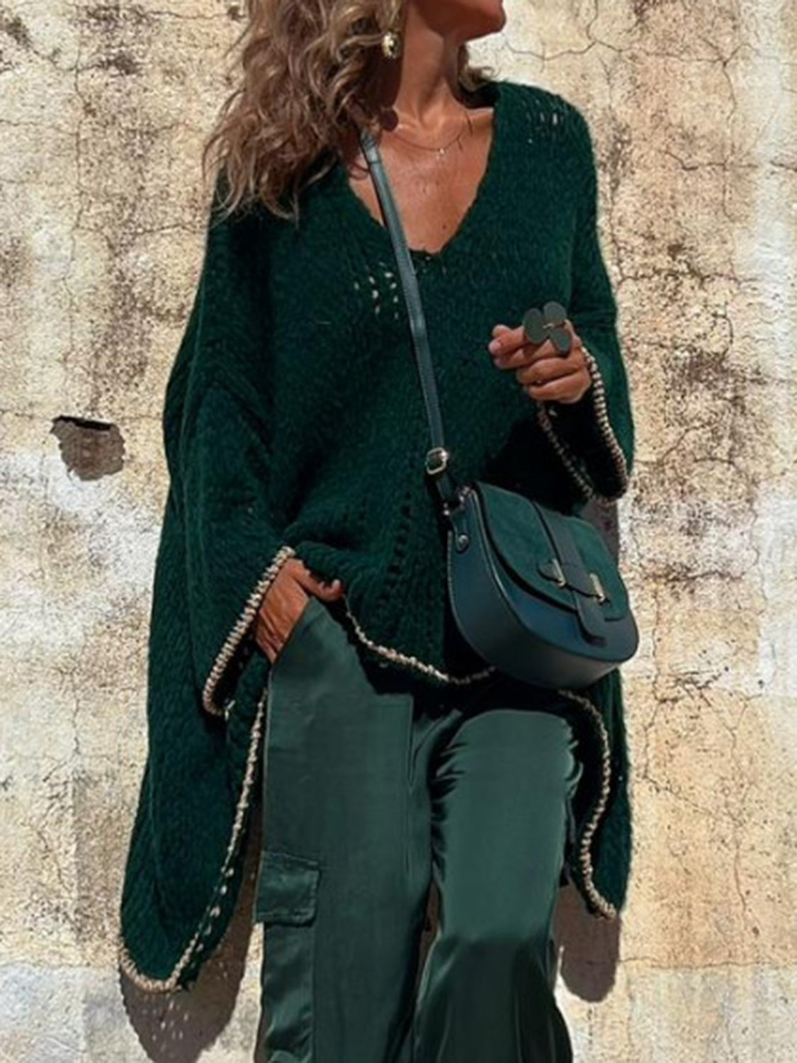 Contrast V-Neck Long Sleeve Sweater Dark Green