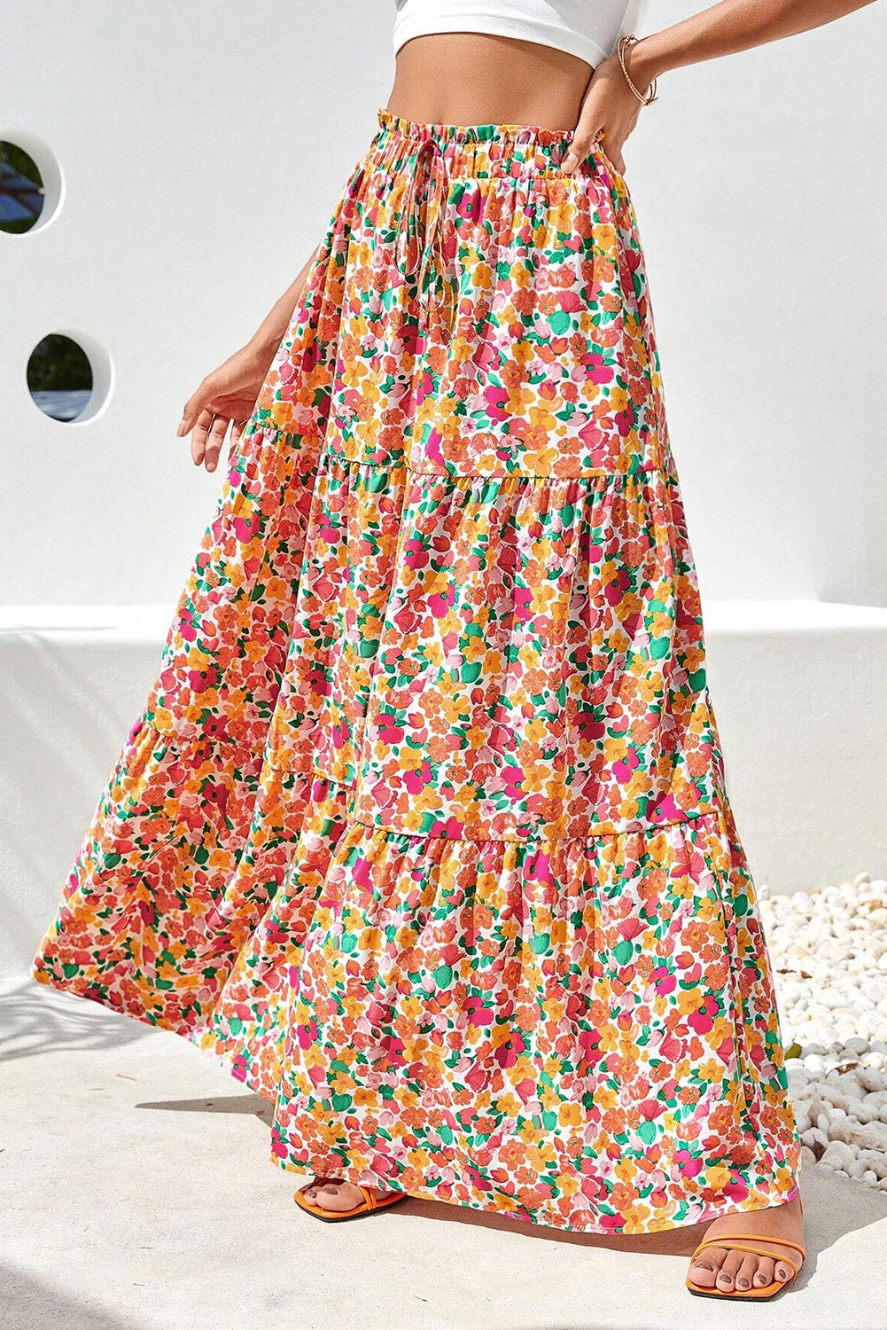 Yellow Boho Floral Print Tiered Long Skirt