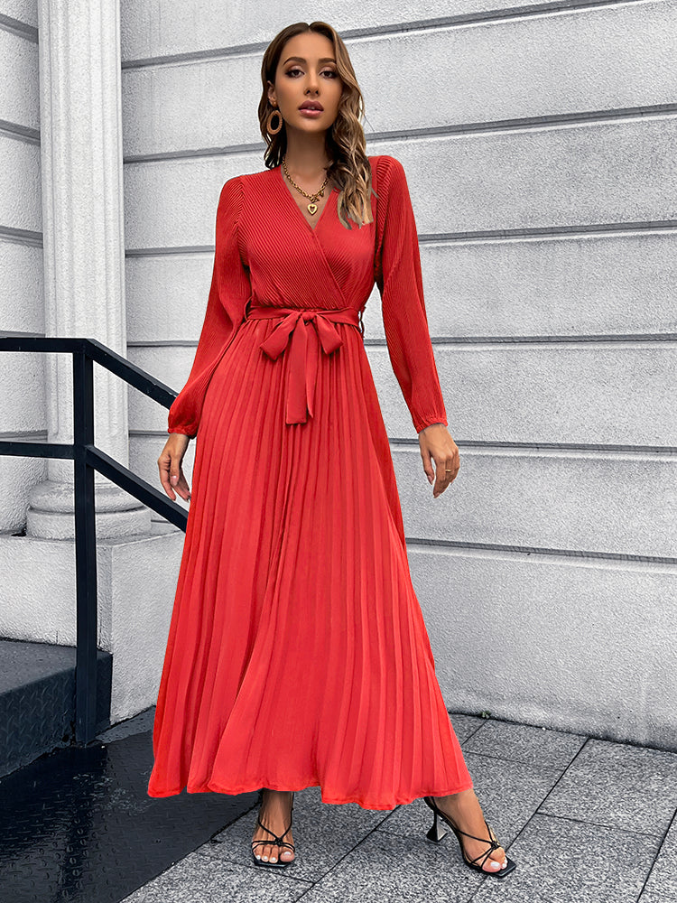 V-Neck Tie Waist Pleated Maxi Dress Red