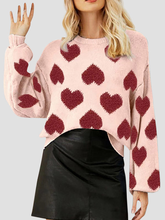 Heart Round Neck Dropped Shoulder Sweater Watermelon pink