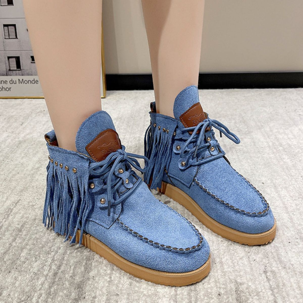 Fringe Studded Round Toe Canvas Boots