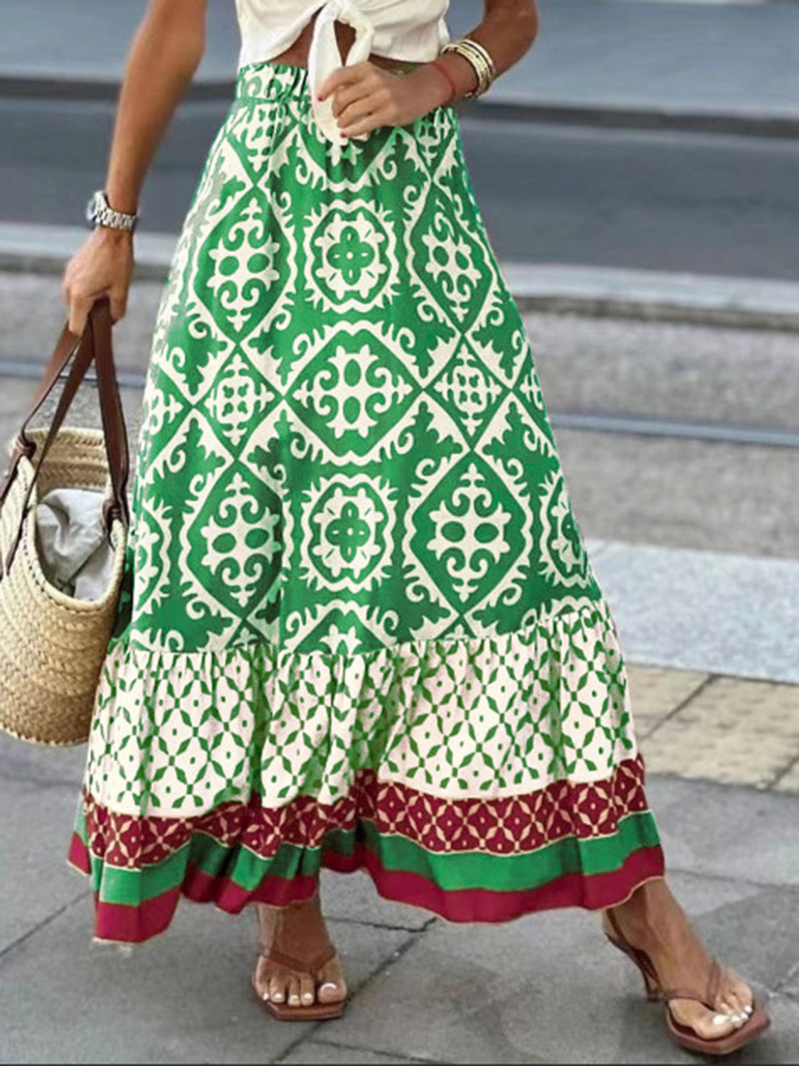 Geometric Elastic Waist Maxi Skirt Green