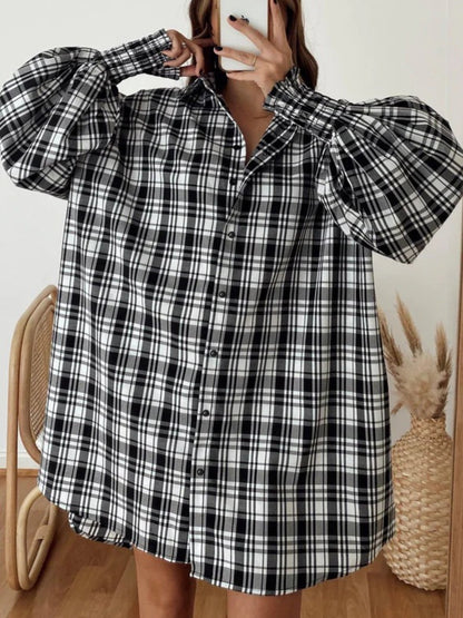 Plaid Lantern Sleeve Shirt Black