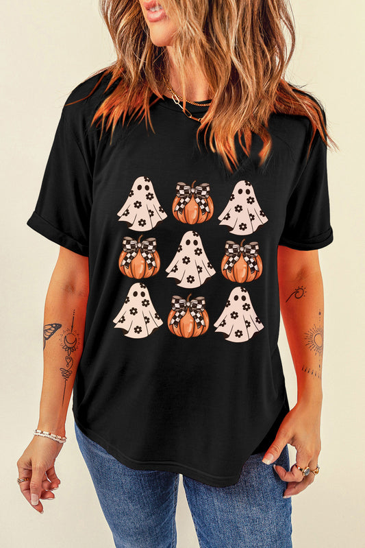 Halloween Graphic Round Neck Short Sleeve T-Shirt Black