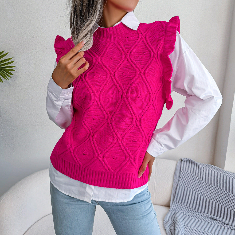 Ruffle Shoulder Ribbed Trim Sweater Vest Rose