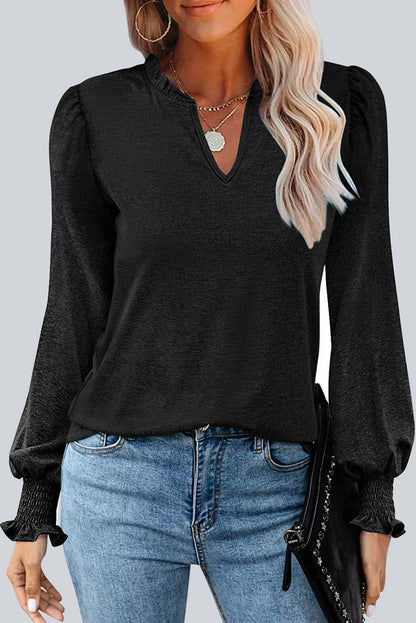 Frill Notched Neck Smocked Designed Long Sleeve Blouse Black