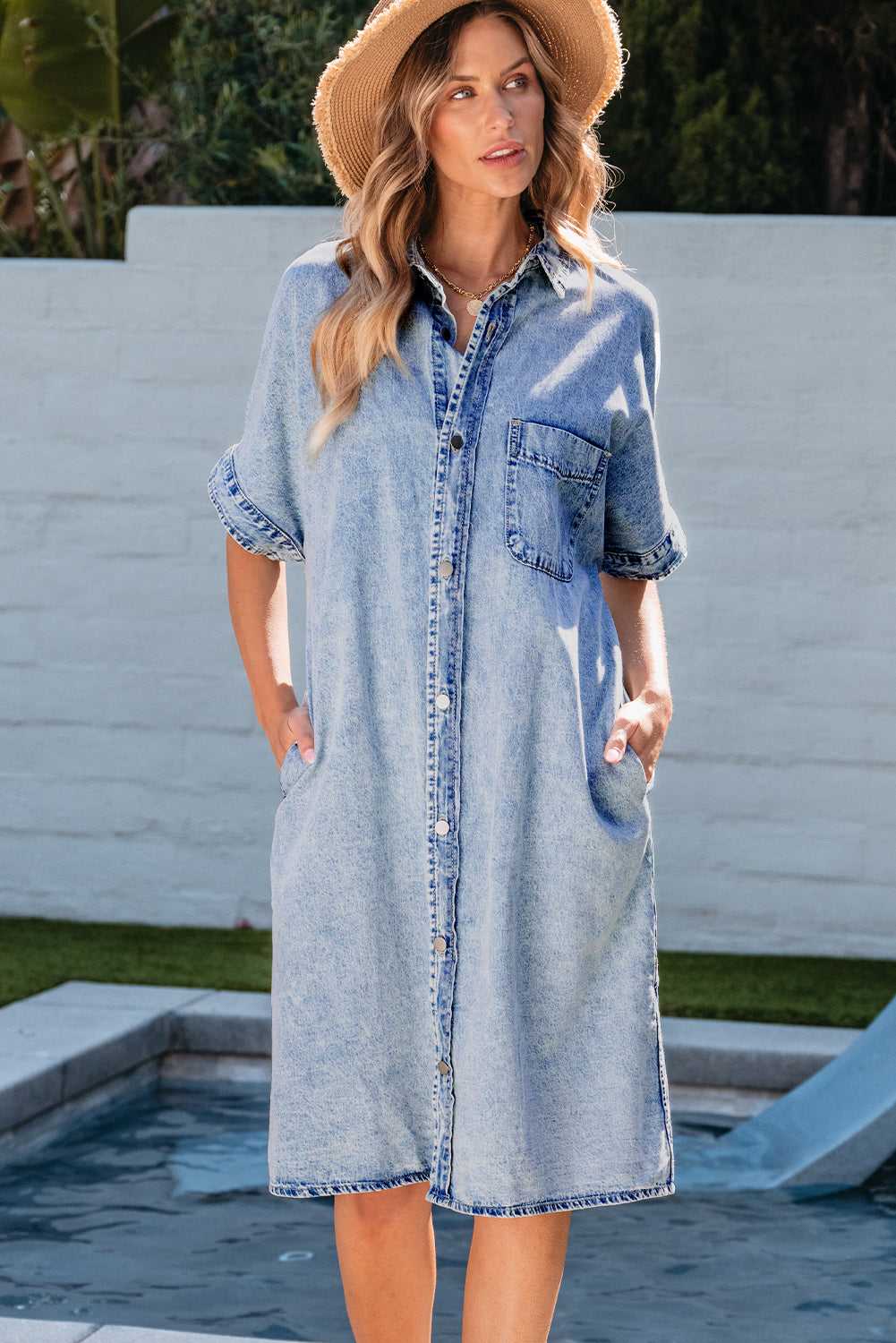 Light Blue Loose Medium Wash Short Sleeve Shirt Chambray Dress